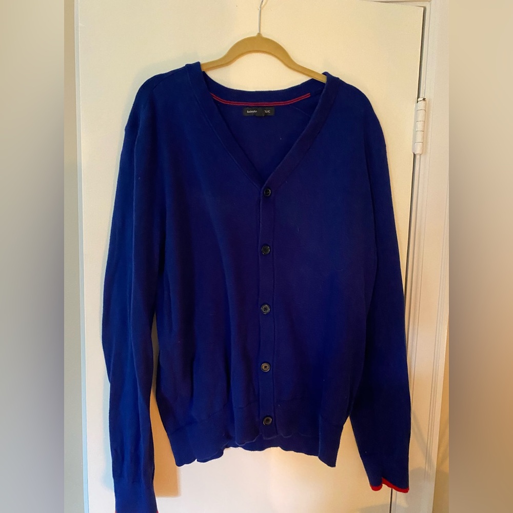 Banana Republic Men's Deep Blue Cardigan with Red Trim